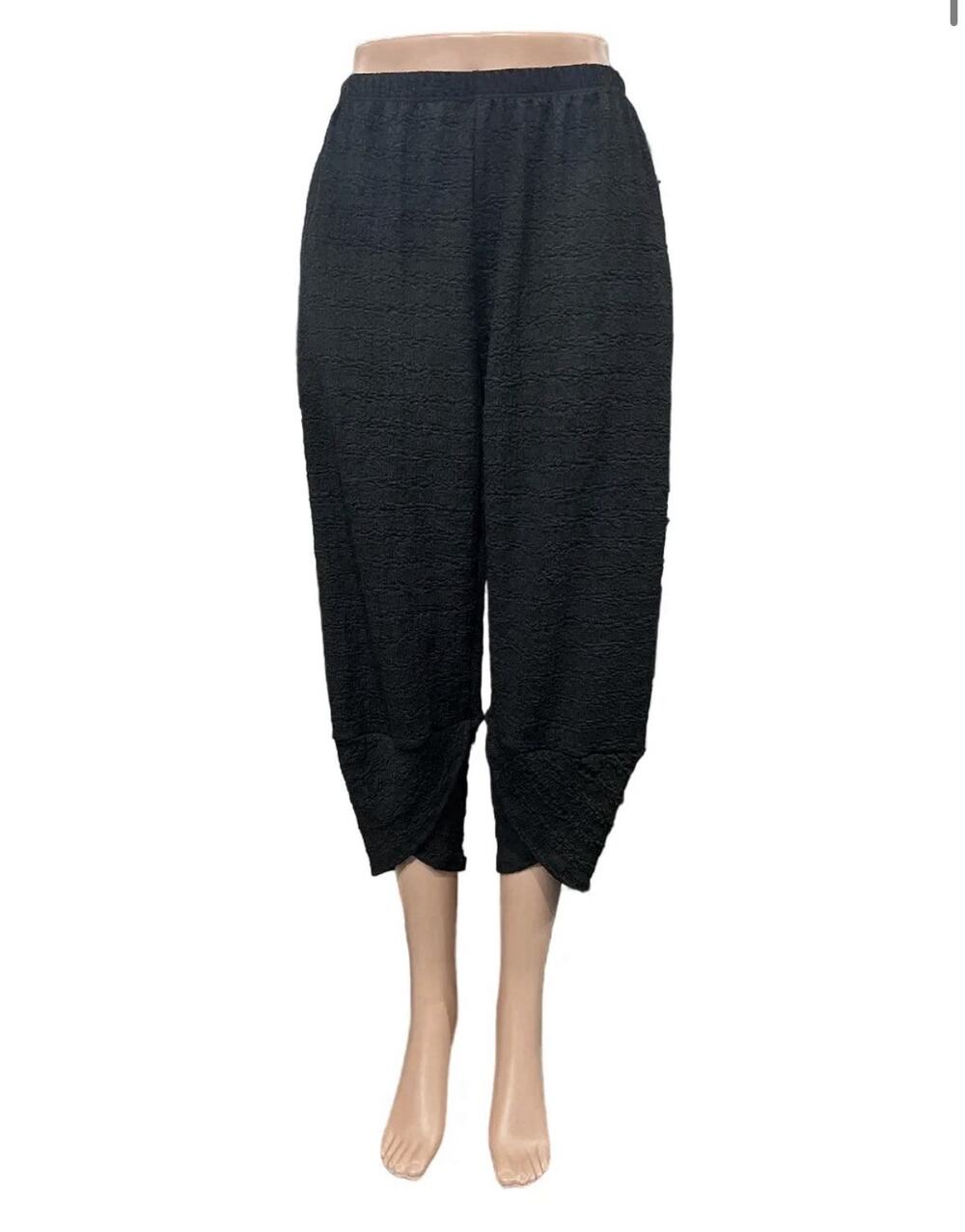 Inoah Womens Black Textured Wide Leg Tulip Hem Crop Stretch Pants Sz Large